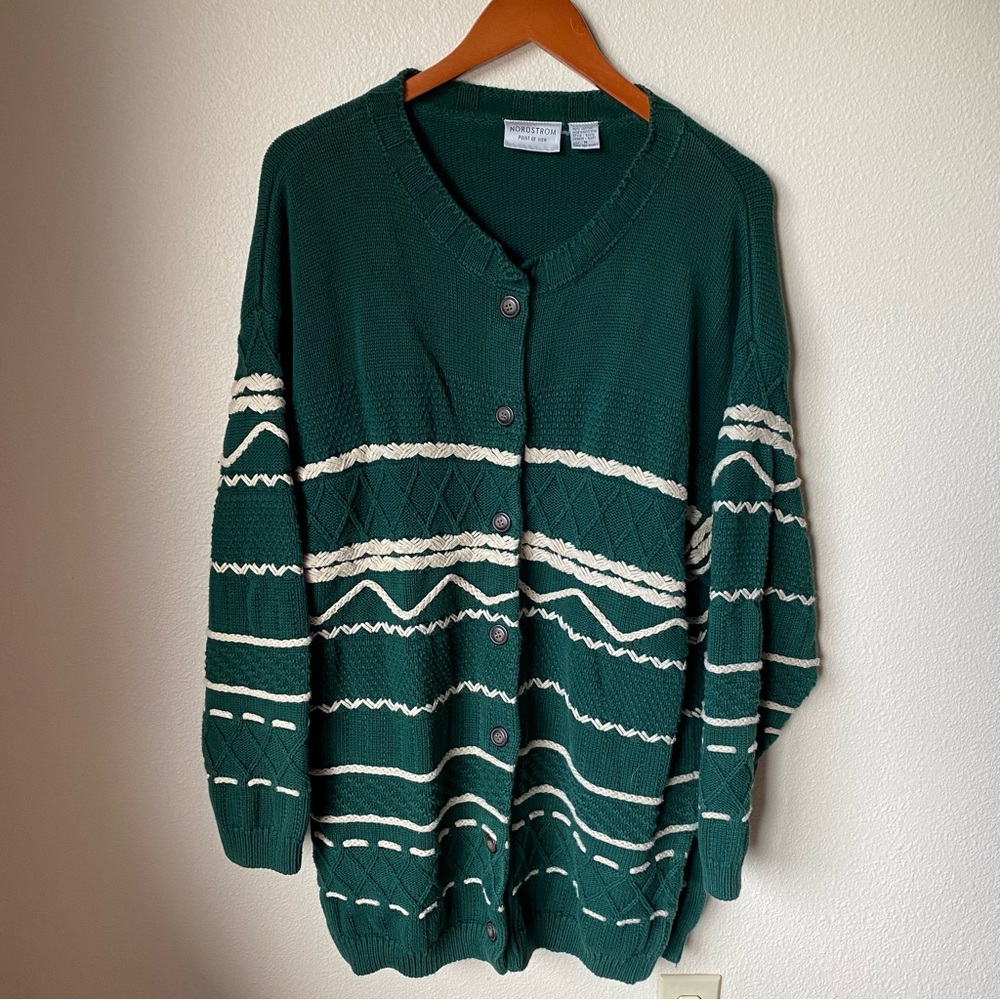 Vintage Nordstrom Oversized Patterned Cardigan, Medium Green White Grunge Cotton